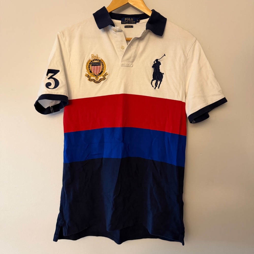 Polo Ralph Lauren Mens Big Pony Colorblock Polo Shirt USA Crest White Red Navy M